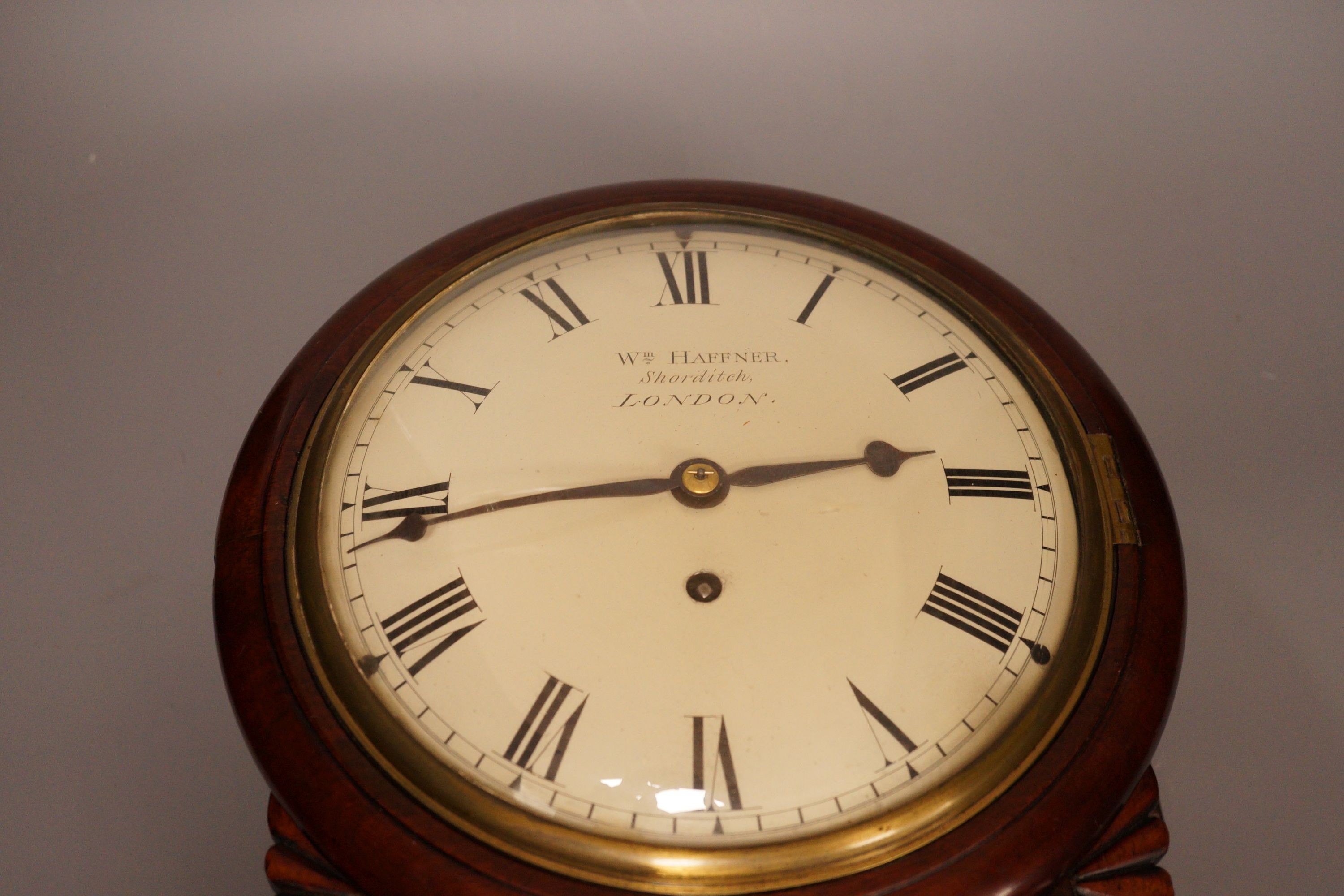 Wm Haffner, Shoreditch, London - a William IV mahogany and cut brass drop dial wall timepiece with Single fusee movement, key and pendulum